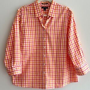 Lands’ End Women’s Pink and Orange Checked Button Down No Iron Shirt, Size 18